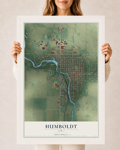 Map of Humboldt, Iowa, 24 x 36 inch print in a white wood frame
