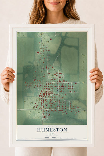 Map of Humeston, Iowa, 18 x 24 inch print in a white wood frame