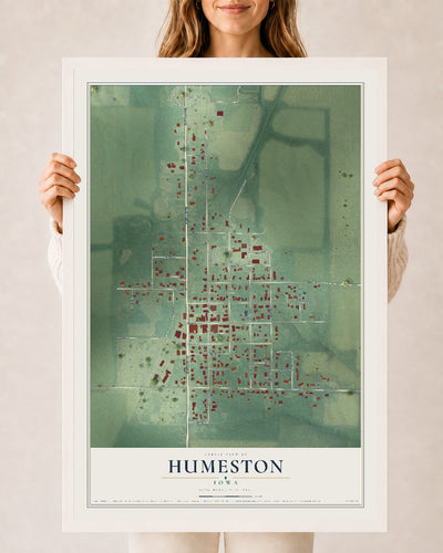Map of Humeston, Iowa, 24 x 36 inch print in a white wood frame
