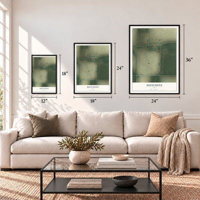 Hutchins, Iowa map in 12 x 18, 18 x 24 and 24 x 36 inch sizes above a sofa