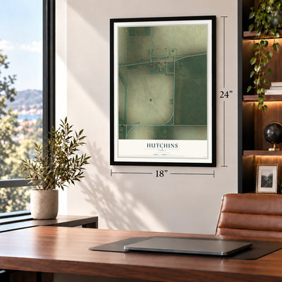 Hutchins, Iowa map, 18 x 24 inch print in a black frame in a home office