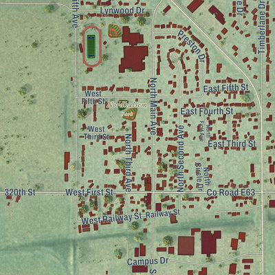 Close-up of the map of Huxley, Iowa print showing street and building detail