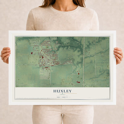 Map of Huxley, Iowa, 12 x 18 inch print in a white wood frame