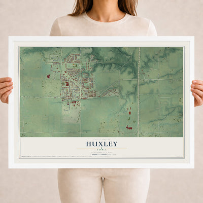Map of Huxley, Iowa, 18 x 24 inch print in a white wood frame