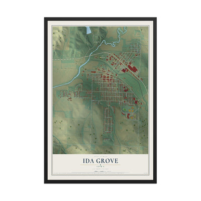 Map of Ida Grove, Iowa, 12 x 18 inch print in a black wood frame