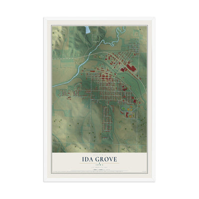 Map of Ida Grove, Iowa, 12 x 18 inch print in a white wood frame