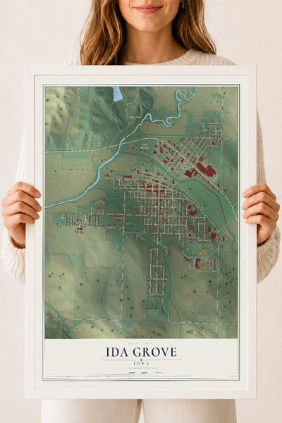 Map of Ida Grove, Iowa, 18 x 24 inch print in a white wood frame