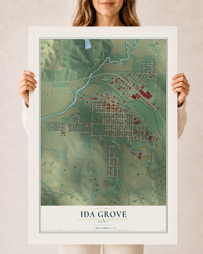 Map of Ida Grove, Iowa, 24 x 36 inch print in a white wood frame