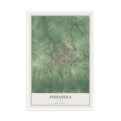 Map of Indianola, Iowa, 12 x 18 inch print in a white wood frame