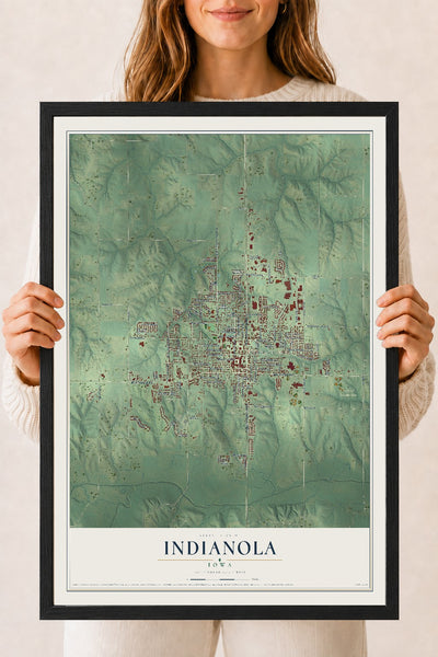 Map of Indianola, Iowa, 18 x 24 inch print in a black wood frame