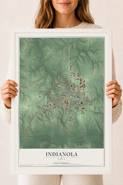 Map of Indianola, Iowa, 18 x 24 inch print in a white wood frame