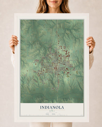 Map of Indianola, Iowa, 24 x 36 inch print in a white wood frame