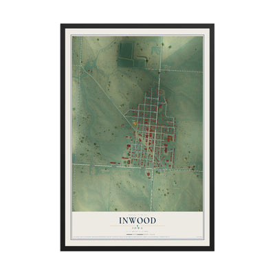 Map of Inwood, Iowa, 12 x 18 inch print in a black wood frame