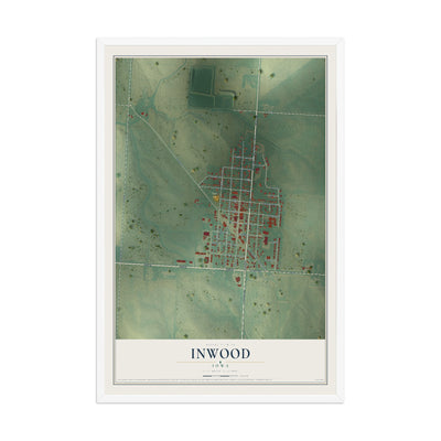 Map of Inwood, Iowa, 12 x 18 inch print in a white wood frame