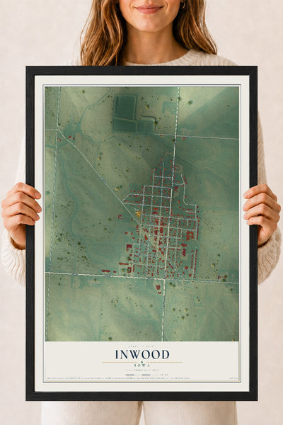 Map of Inwood, Iowa, 18 x 24 inch print in a black wood frame