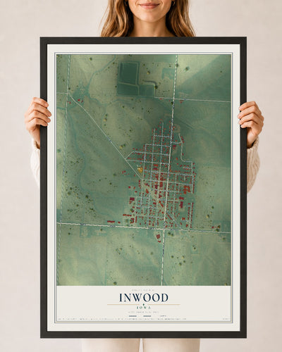 Map of Inwood, Iowa, 24 x 36 inch print in a black wood frame