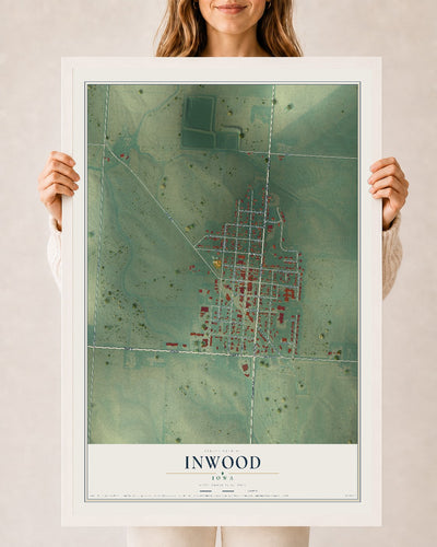 Map of Inwood, Iowa, 24 x 36 inch print in a white wood frame