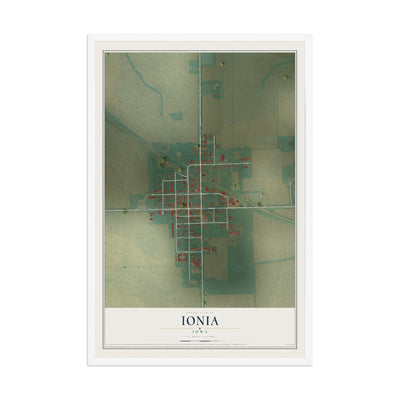 Map of Ionia, Iowa, 12 x 18 inch print in a white wood frame