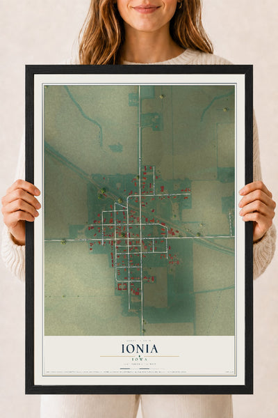 Map of Ionia, Iowa, 18 x 24 inch print in a black wood frame