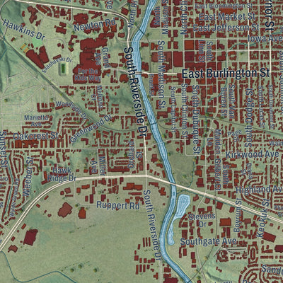 Second close-up of the map of Iowa City, Iowa print showing more streets and buildings