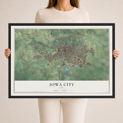 Map of Iowa City, Iowa, 24 x 36 inch print in a black wood frame