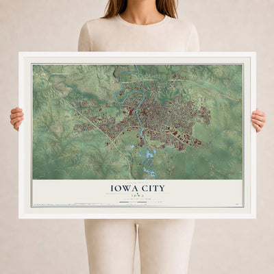 Map of Iowa City, Iowa, 24 x 36 inch print in a white wood frame