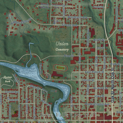 Close-up of the map of Iowa Falls, Iowa print showing street and building detail