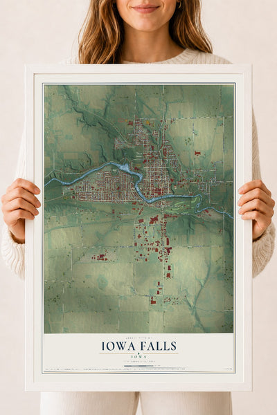 Map of Iowa Falls, Iowa, 18 x 24 inch print in a white wood frame