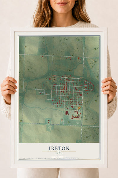 Map of Ireton, Iowa, 18 x 24 inch print in a white wood frame