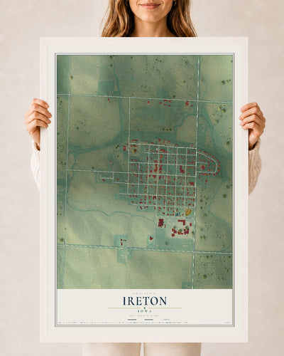 Map of Ireton, Iowa, 24 x 36 inch print in a white wood frame