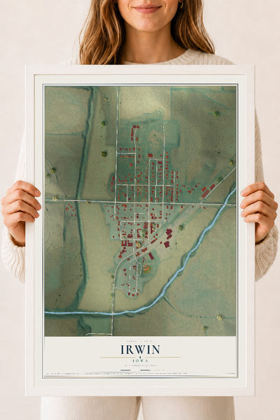 Map of Irwin, Iowa, 18 x 24 inch print in a white wood frame
