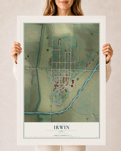 Map of Irwin, Iowa, 24 x 36 inch print in a white wood frame