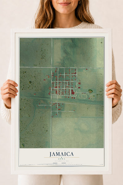 Map of Jamaica, Iowa, 18 x 24 inch print in a white wood frame