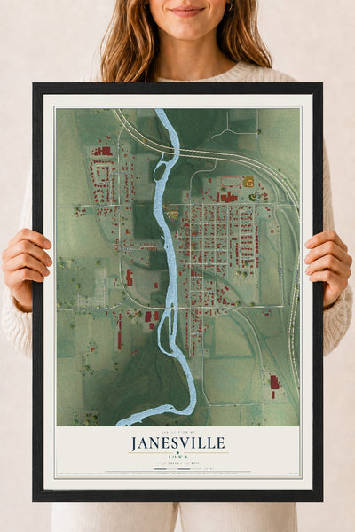 Map of Janesville, Iowa, 18 x 24 inch print in a black wood frame