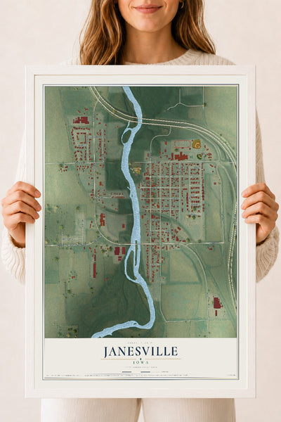 Map of Janesville, Iowa, 18 x 24 inch print in a white wood frame