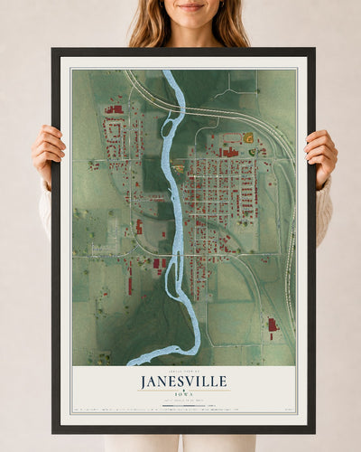 Map of Janesville, Iowa, 24 x 36 inch print in a black wood frame