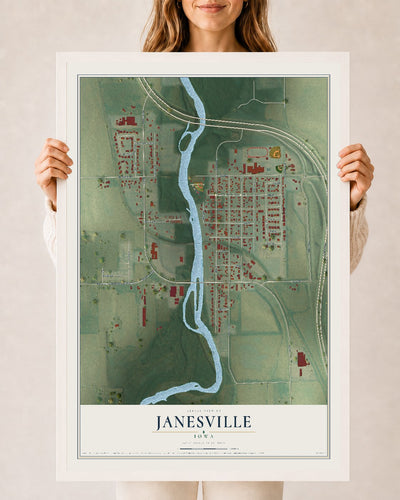 Map of Janesville, Iowa, 24 x 36 inch print in a white wood frame