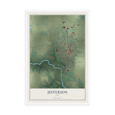 Map of Jefferson, Iowa, 12 x 18 inch print in a white wood frame