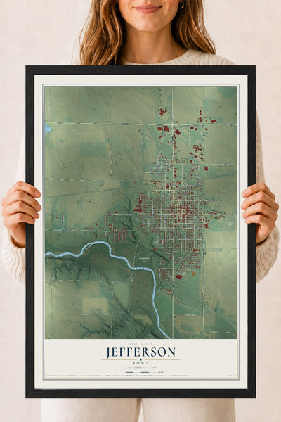 Map of Jefferson, Iowa, 18 x 24 inch print in a black wood frame