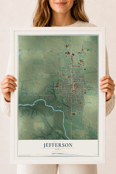 Map of Jefferson, Iowa, 18 x 24 inch print in a white wood frame