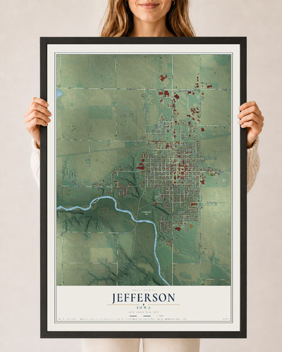 Map of Jefferson, Iowa, 24 x 36 inch print in a black wood frame