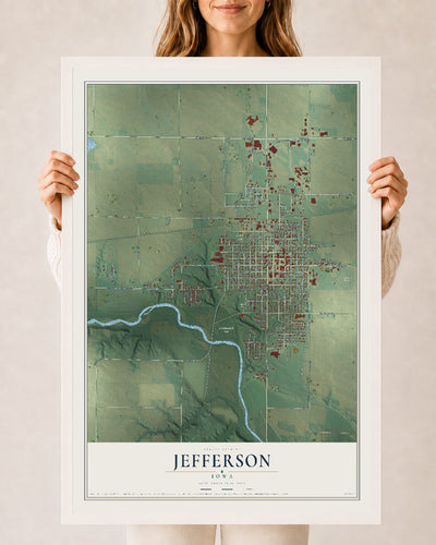 Map of Jefferson, Iowa, 24 x 36 inch print in a white wood frame
