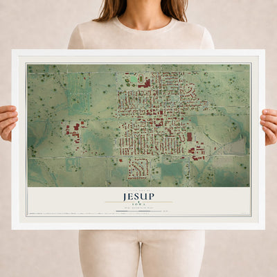 Map of Jesup, Iowa, 18 x 24 inch print in a white wood frame