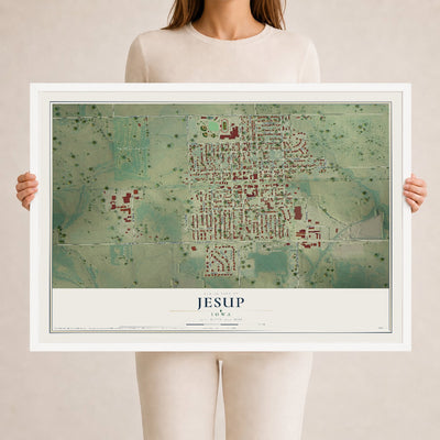 Map of Jesup, Iowa, 24 x 36 inch print in a white wood frame