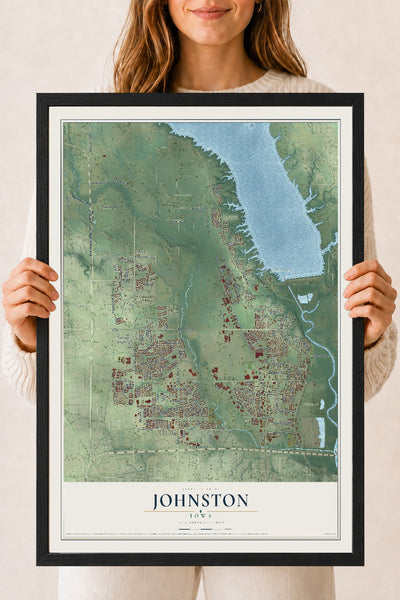 Map of Johnston, Iowa, 18 x 24 inch print in a black wood frame
