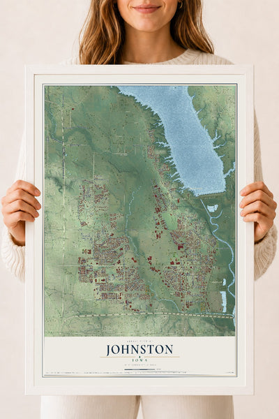 Map of Johnston, Iowa, 18 x 24 inch print in a white wood frame