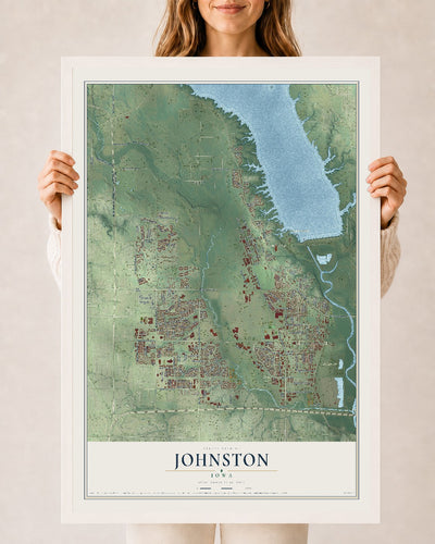 Map of Johnston, Iowa, 24 x 36 inch print in a white wood frame