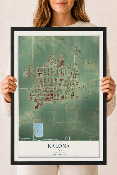 Map of Kalona, Iowa, 18 x 24 inch print in a black wood frame