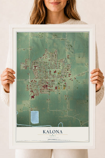 Map of Kalona, Iowa, 18 x 24 inch print in a white wood frame