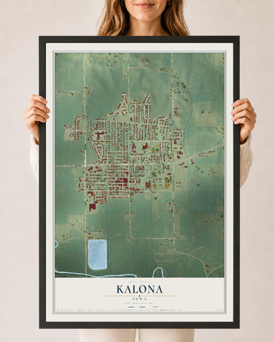 Map of Kalona, Iowa, 24 x 36 inch print in a black wood frame